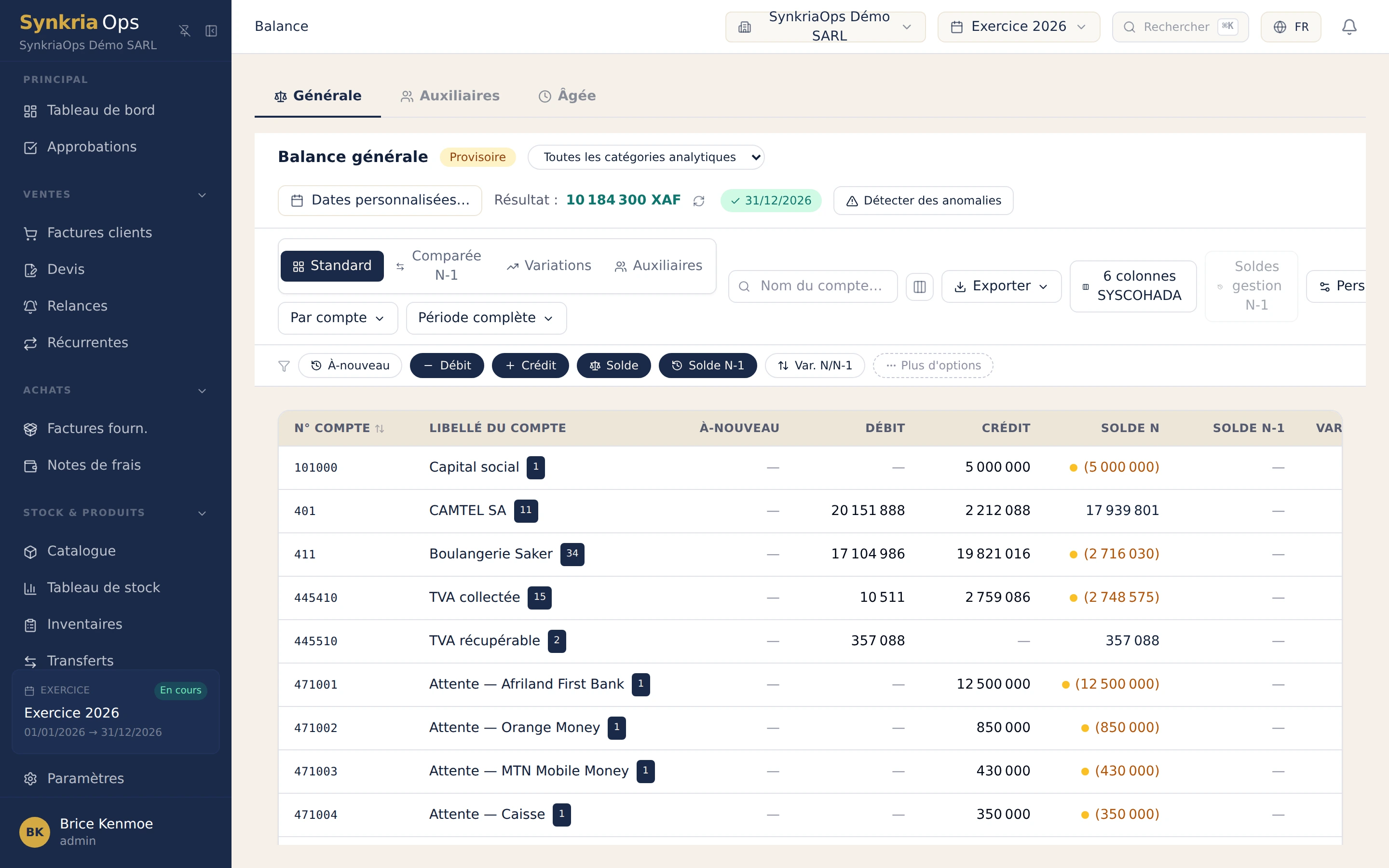 Balance générale SYSCOHADA avec soldes débiteurs et créditeurs par compte et ligne de totaux équilibrée.