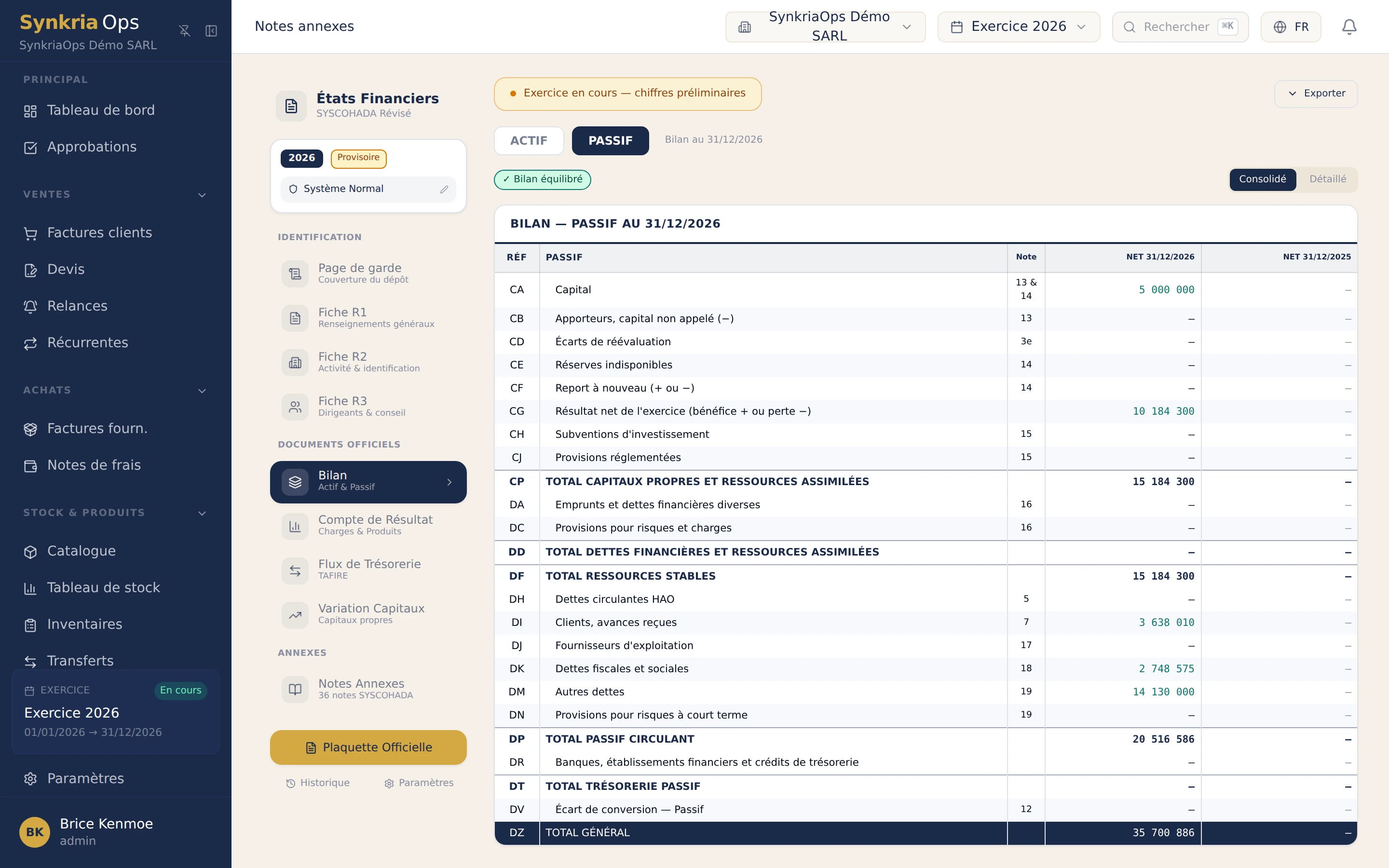 Bilan SYSCOHADA revise passif genere par SynkriaOps avec capital, resultat net et dettes fournisseurs et fiscales, bilan equilibre.