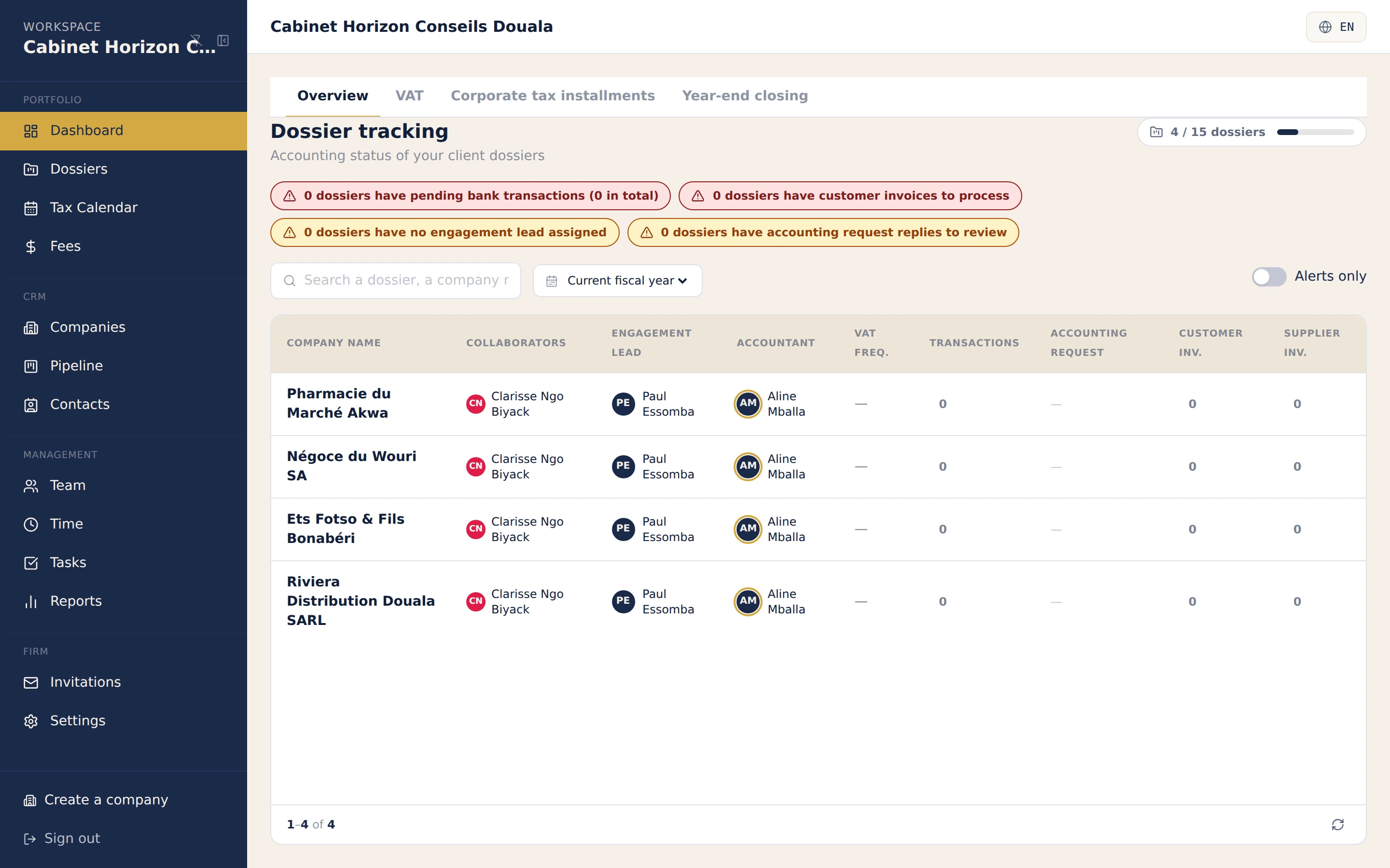 SynkriaOps firm cockpit: client folder tracking with engagement lead, referent chartered accountant and collaborators assigned per folder.