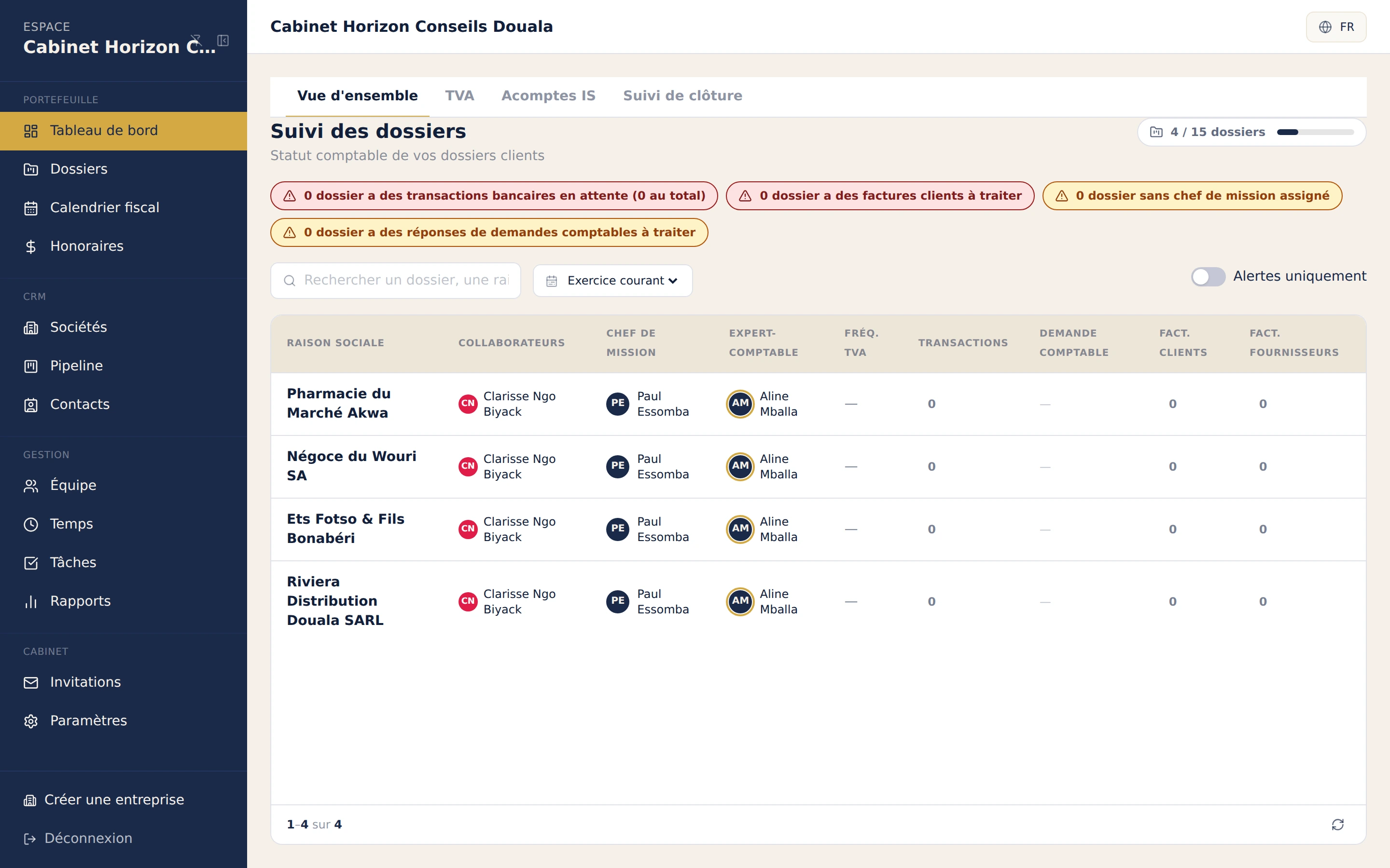 Cockpit cabinet SynkriaOps : suivi des dossiers clients avec chef de mission, expert-comptable référent et collaborateurs assignés sur chaque dossier.