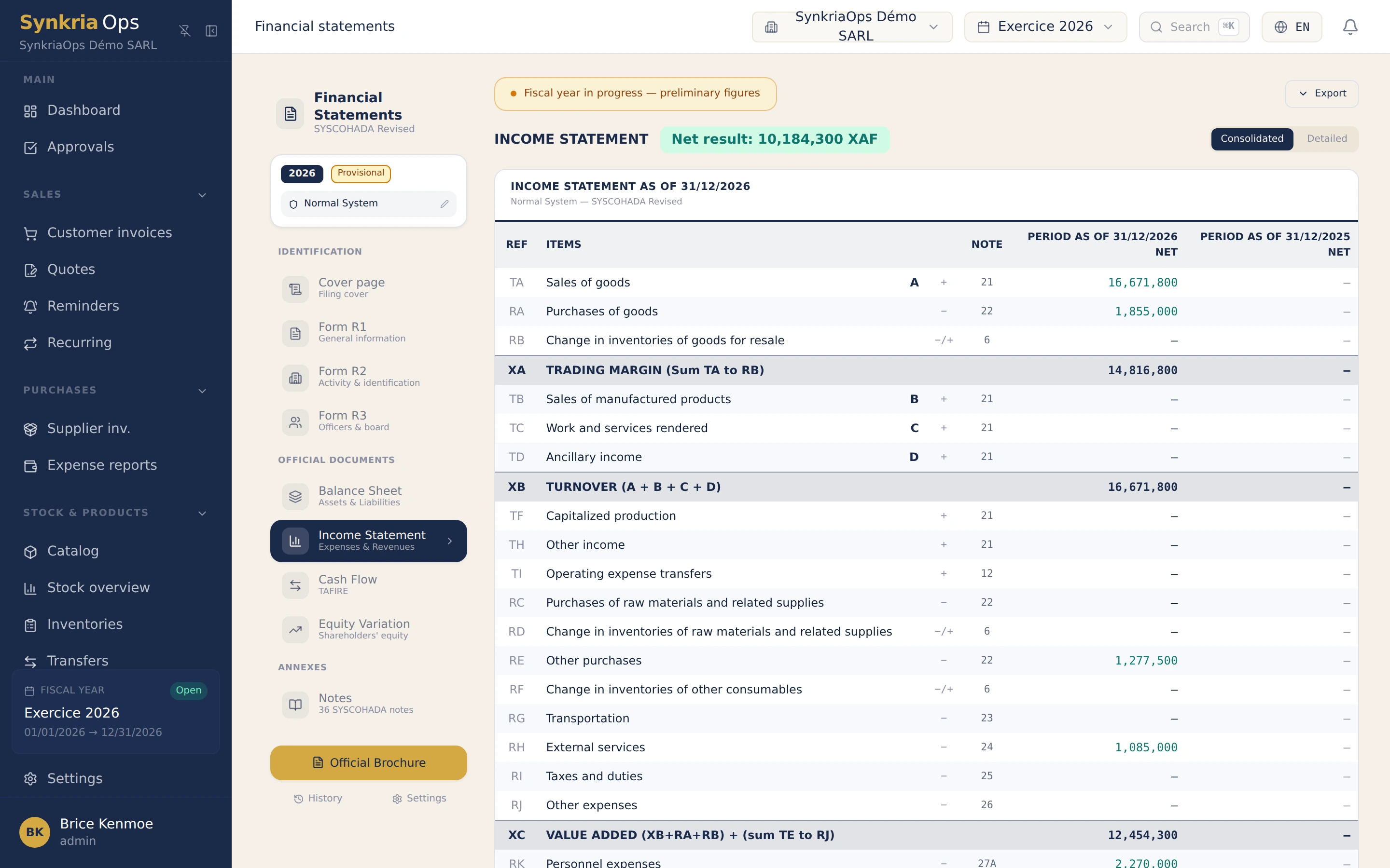 SYSCOHADA income statement generated by SynkriaOps with trading margin, turnover and value added.
