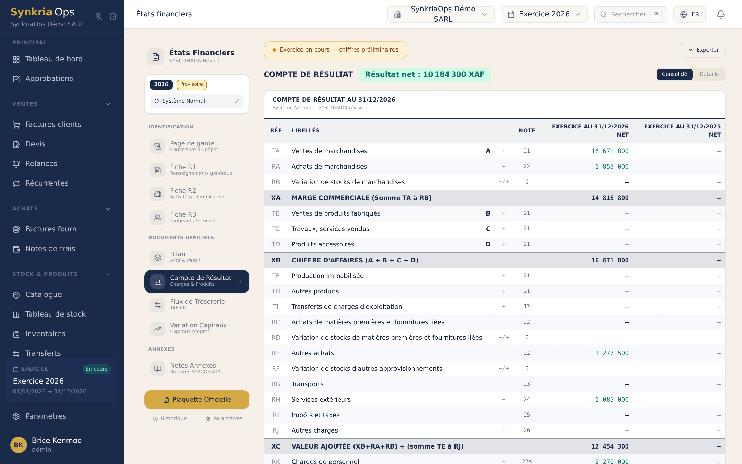Compte de resultat SYSCOHADA genere par SynkriaOps avec marge commerciale, chiffre d'affaires et valeur ajoutee.