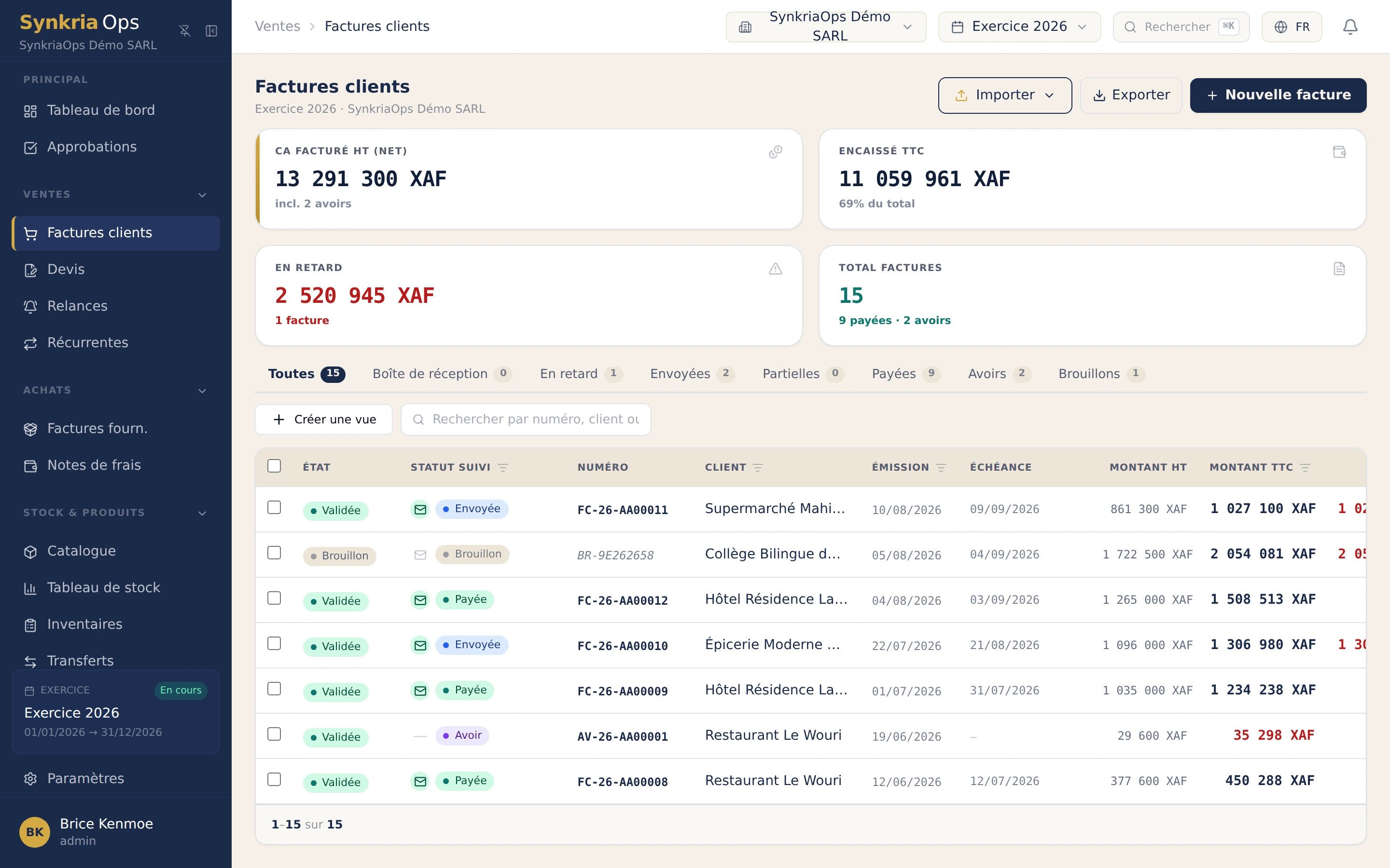 Liste des factures clients SynkriaOps avec badges de statut, montants en XAF et reste dû par facture.