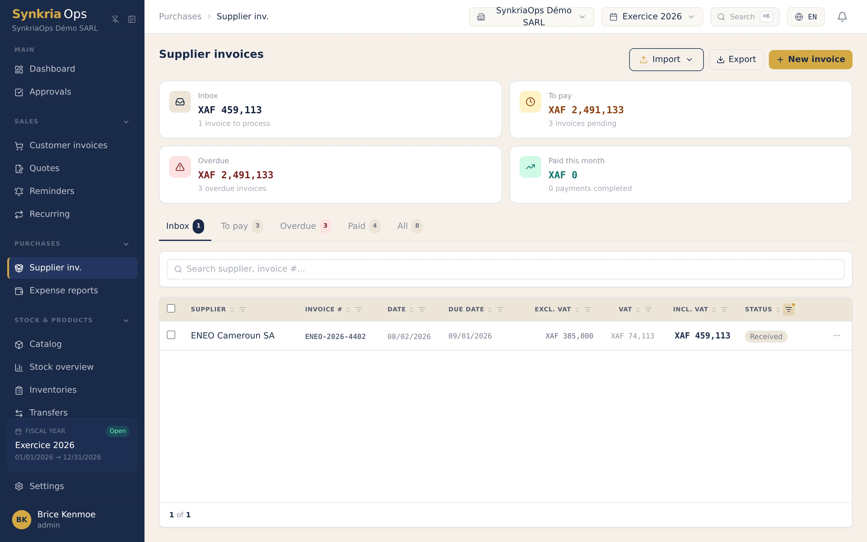 Supplier invoice list with an OCR drop zone, validation statuses and payment due dates.