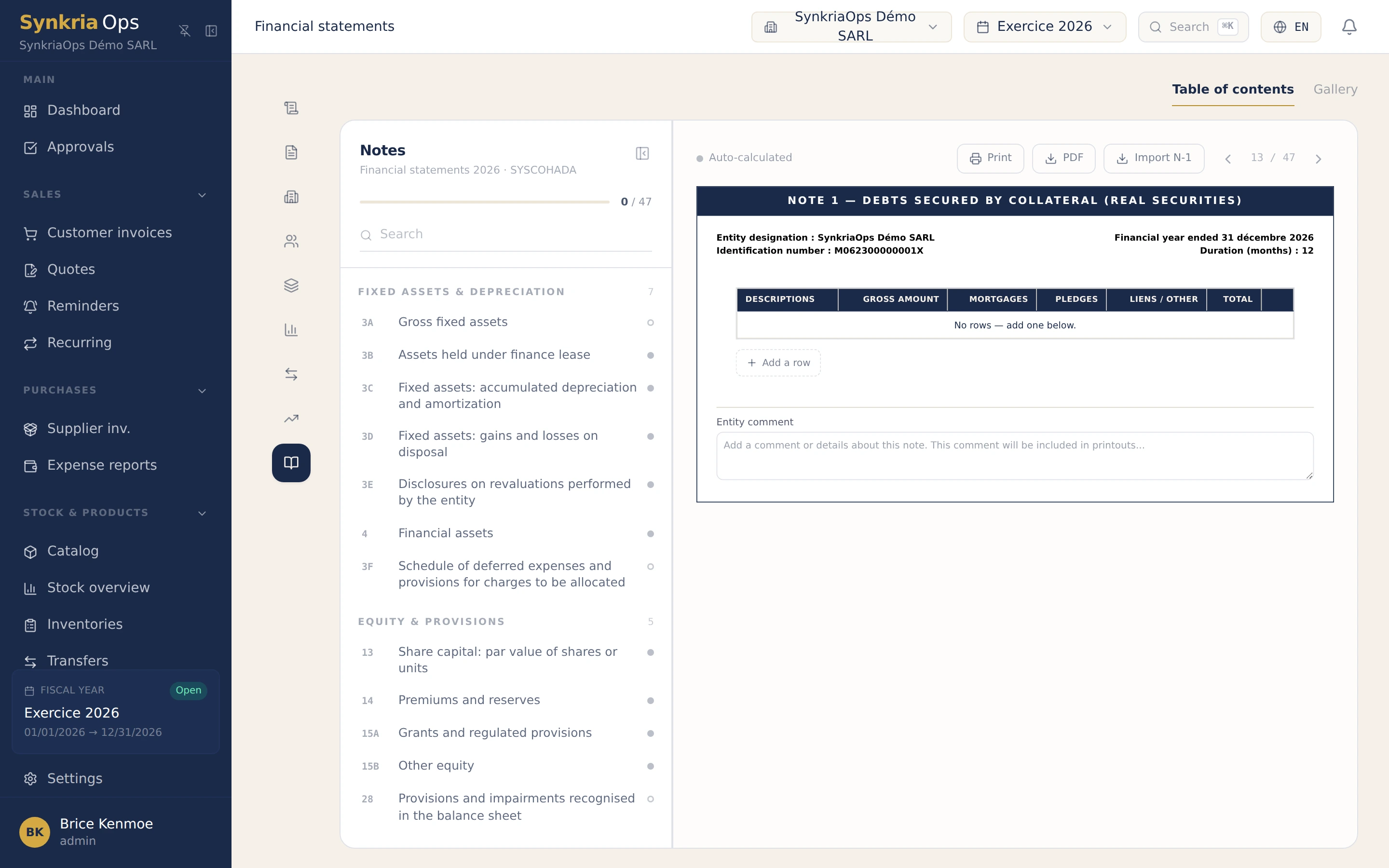 SYSCOHADA note to the financial statements generated automatically by SynkriaOps from the entries, with columns N, N-1 and change.