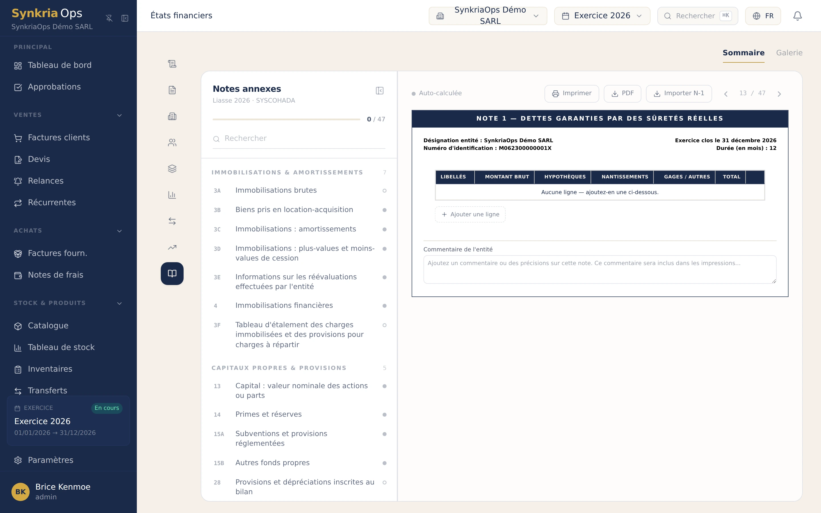 Note annexe SYSCOHADA generee automatiquement par SynkriaOps depuis les ecritures, avec colonnes N, N-1 et variation.