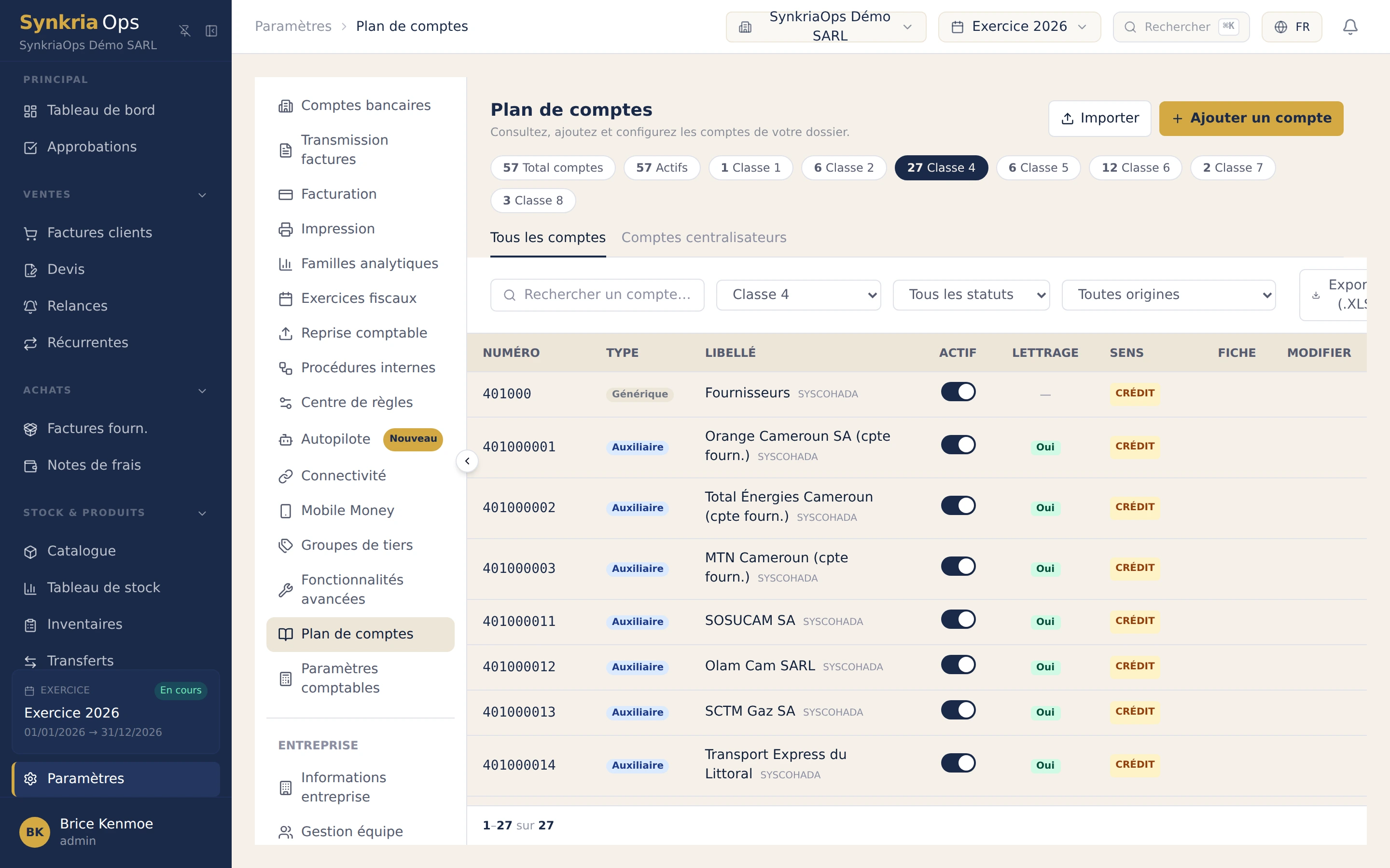 Plan comptable SYSCOHADA révisé 2019 préchargé dans SynkriaOps, classes 1 à 9 avec comptes détaillés bilingues.
