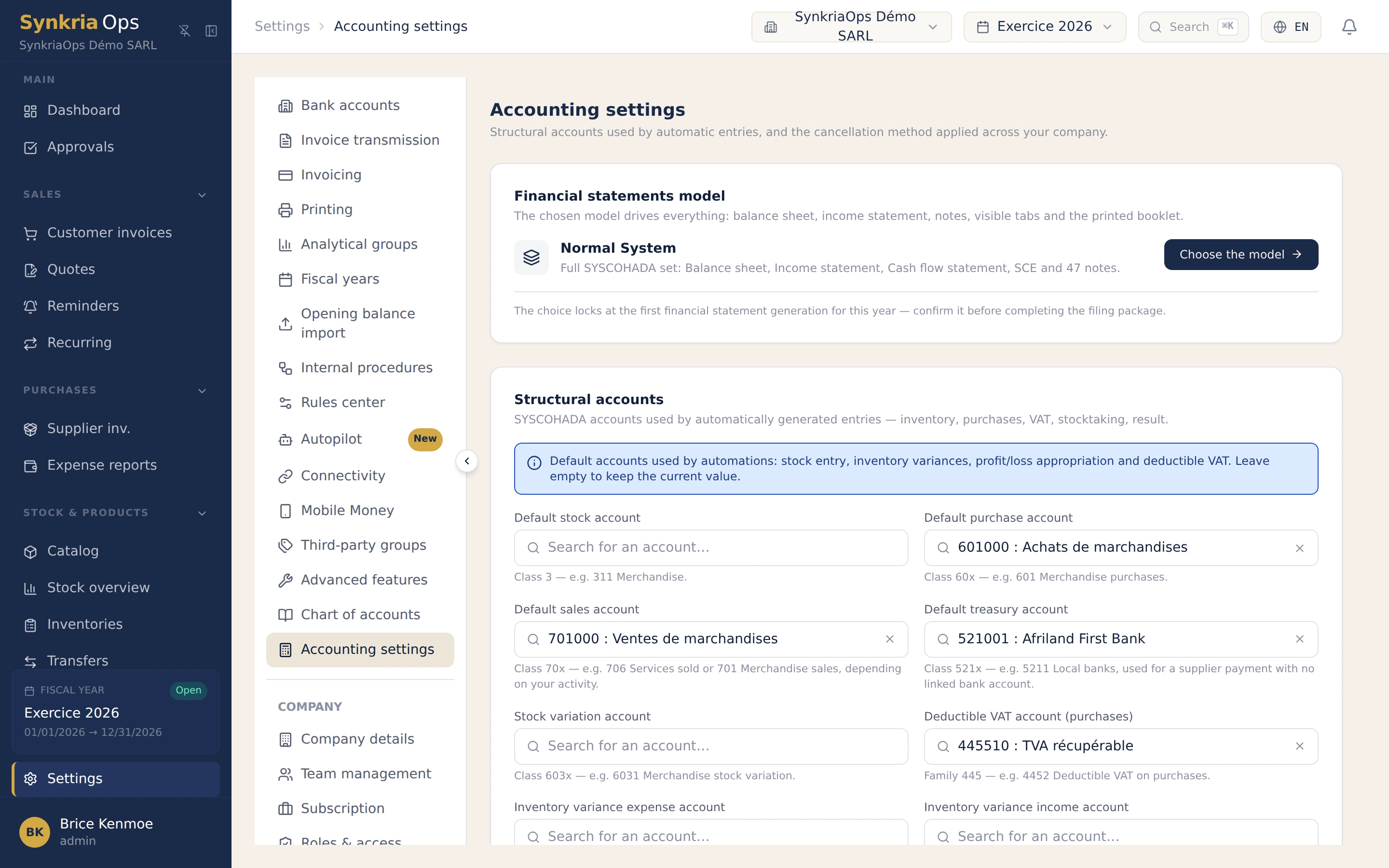 SynkriaOps accounting settings: choosing the financial-statement model, Normal System or Systeme Minimal de Tresorerie (SMT).