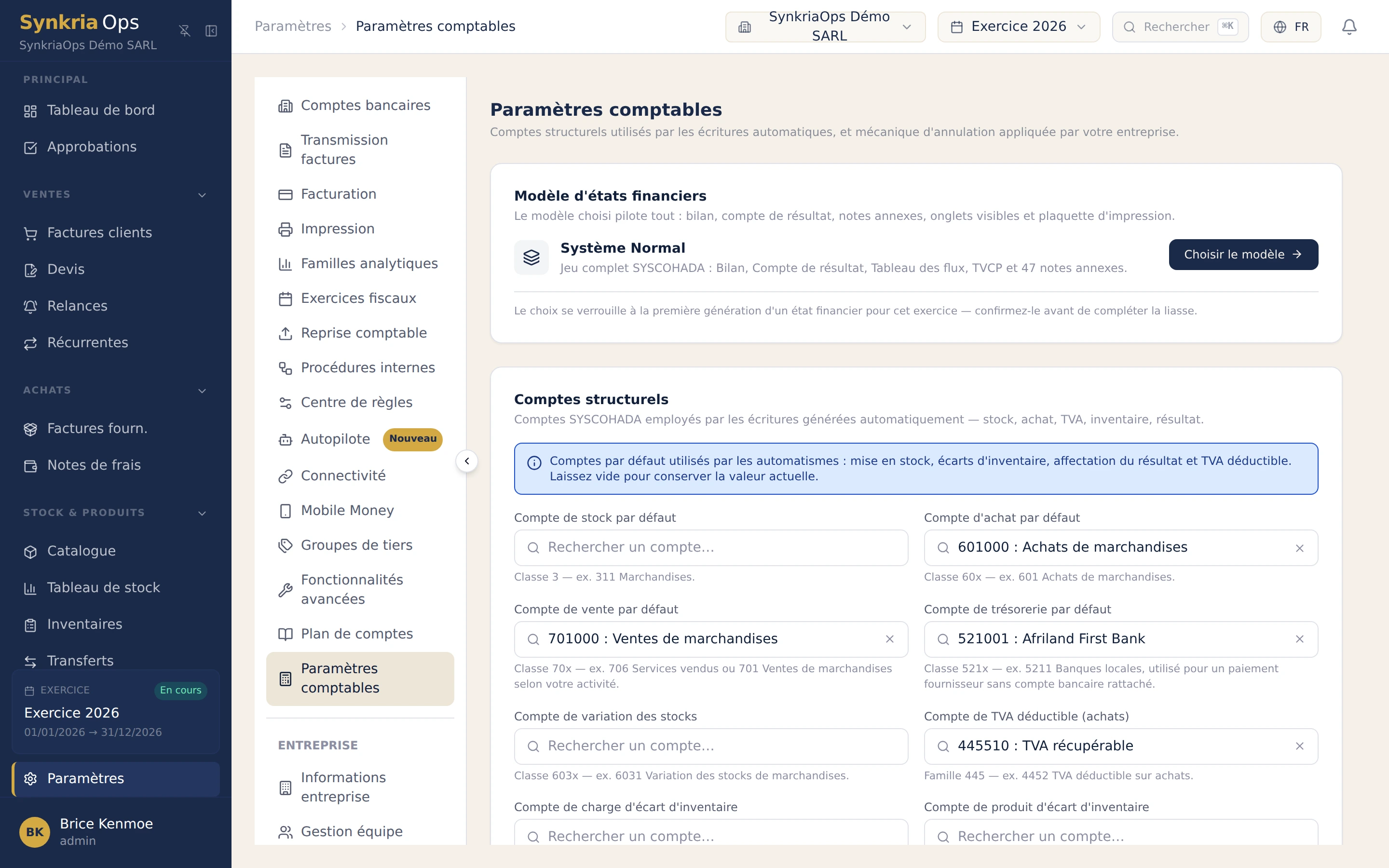 Parametres comptables SynkriaOps : choix du modele d'etats financiers, Systeme Normal ou Systeme Minimal de Tresorerie (SMT).