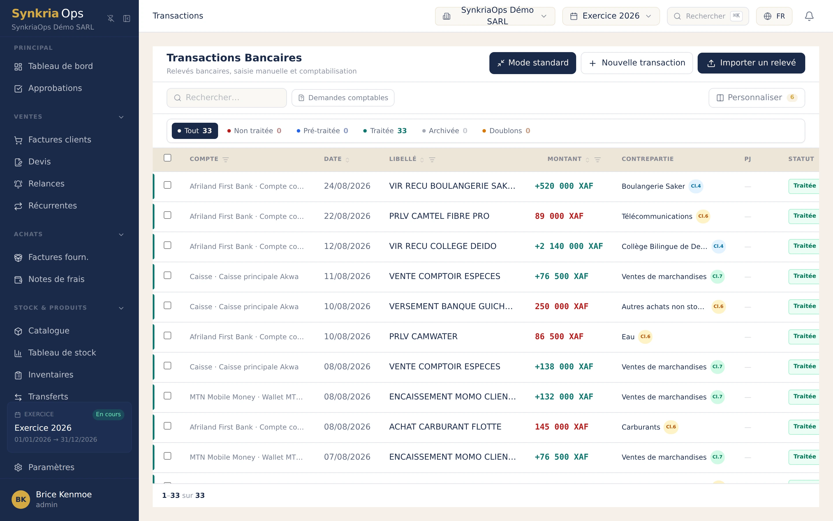 Liste des transactions bancaires importées dans SynkriaOps avec statut de traitement et suggestion de contrepartie comptable.