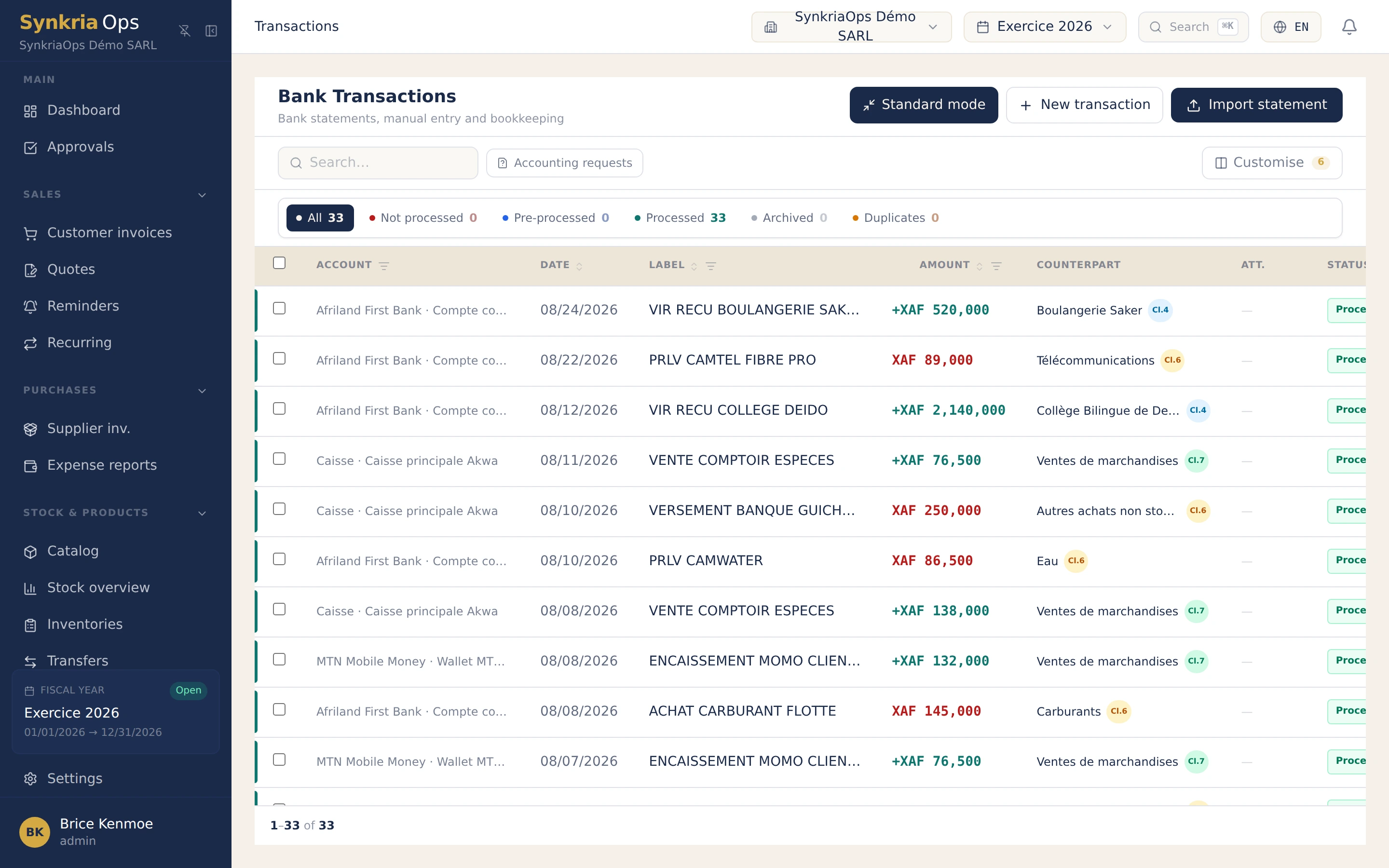 Bank transactions imported into SynkriaOps, with processing status and suggested accounting counterpart for each line.