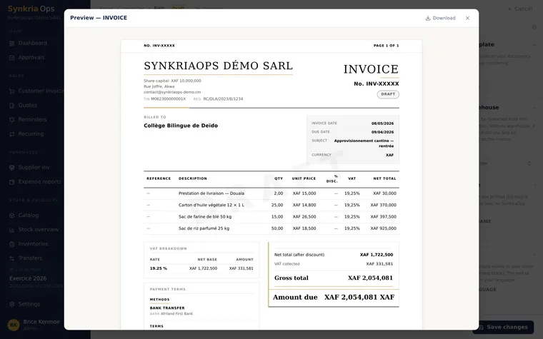 PDF preview of a standard OHADA invoice with mandatory legal information and the issuer's NIU and RCCM.