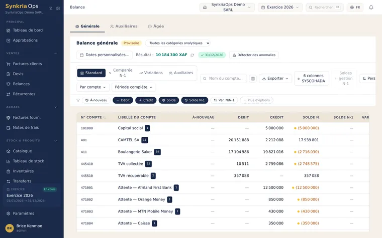 Balance générale SYSCOHADA avec soldes débiteurs et créditeurs par compte et ligne de totaux équilibrée.