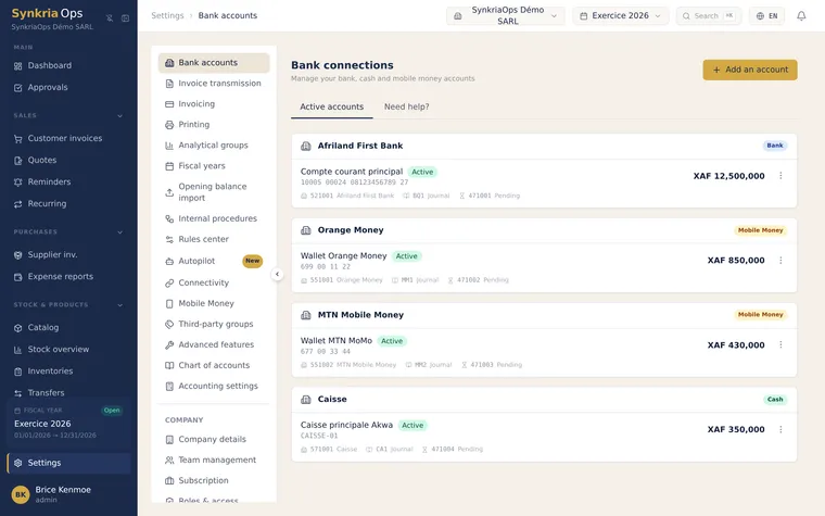 Bank and Mobile Money account settings with the linked SYSCOHADA 521 account and journal.