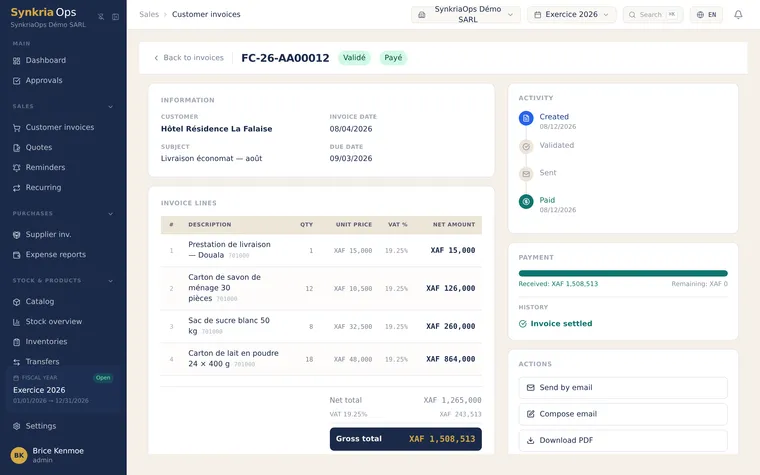 Detailed view of a partially paid customer invoice with payment history and the linked accounting entry.