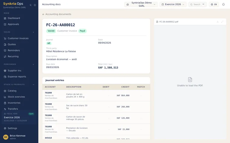 Detail of a validated accounting voucher with balanced debit and credit lines and its integrity seal.