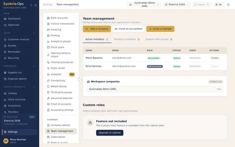 List of the tenant's users with their role, activation status and pending invitations.