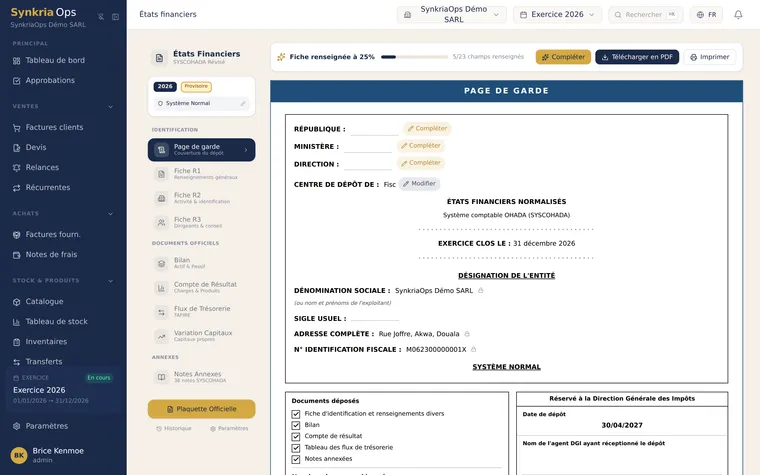 Page de garde de la liasse SYSCOHADA générée par SynkriaOps, pré-remplie avec l'identification de l'entreprise.