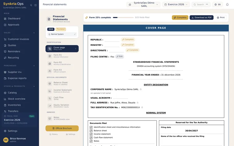 SYSCOHADA bundle cover page generated by SynkriaOps, pre-filled with the company's identification.