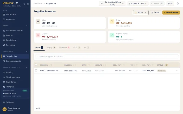 List of supplier invoices with an OCR drop zone, validation statuses and payment due dates.