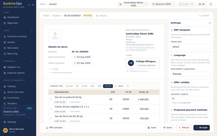 Quote creation form with service lines, discount and totals excluding and including VAT.