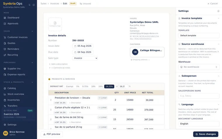 Customer invoice creation form with product lines, 19.25% VAT and automatic calculation of the total including tax.