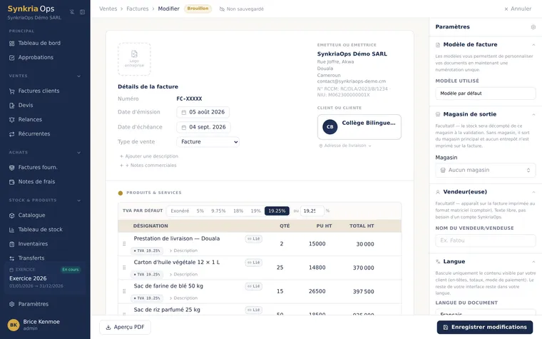Formulaire de création de facture client avec lignes de produits, TVA 19,25 % et calcul automatique du total TTC.