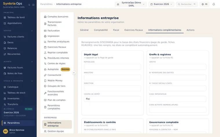 Onglet Informations complémentaires de SynkriaOps : identité de l'entreprise, gouvernance et activités qui alimentent la liasse SYSCOHADA.