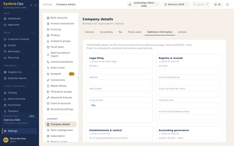 SynkriaOps Additional information tab: company identity, governance and activities that feed the SYSCOHADA bundle.