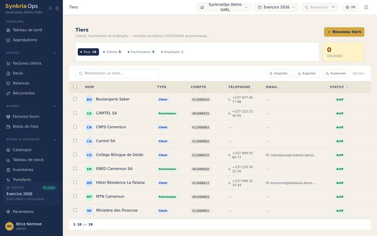 Liste des clients et fournisseurs avec leur sous-compte SYSCOHADA, leur NIU et leur solde en cours.