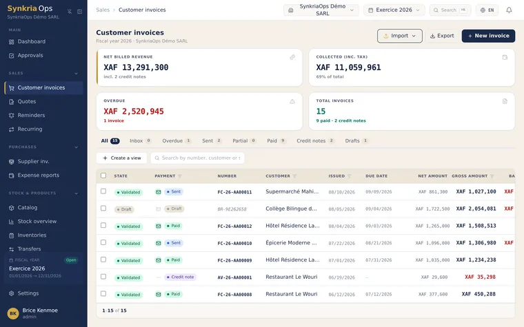 List of customer invoices in SynkriaOps with status badges, amounts in XAF and the outstanding balance per invoice.