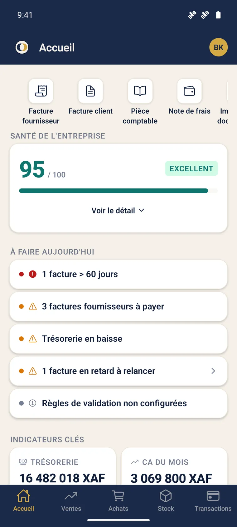 Raccourcis de capture de l'accueil mobile SynkriaOps : facture fournisseur, facture client, pièce comptable, note de frais.