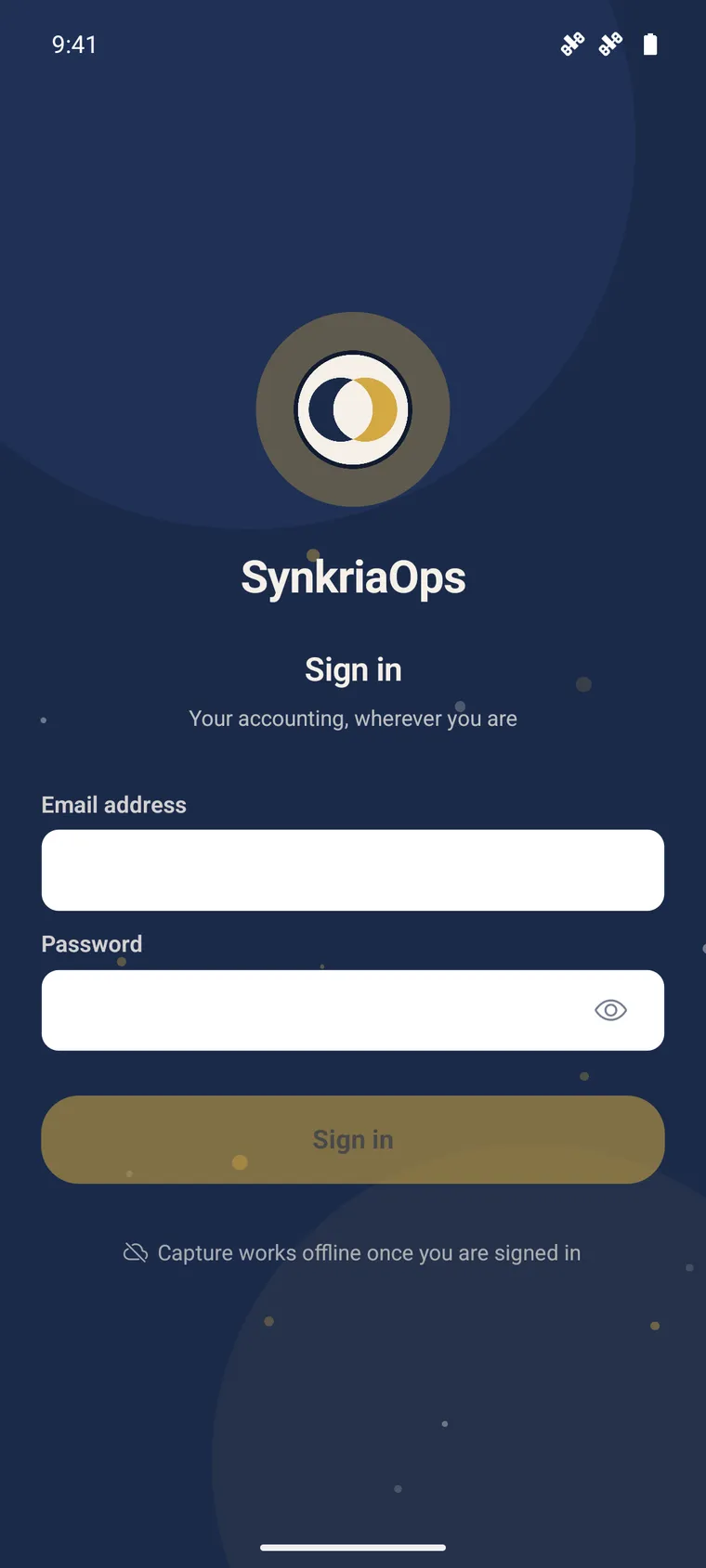 SynkriaOps mobile sign-in screen with email address and password.