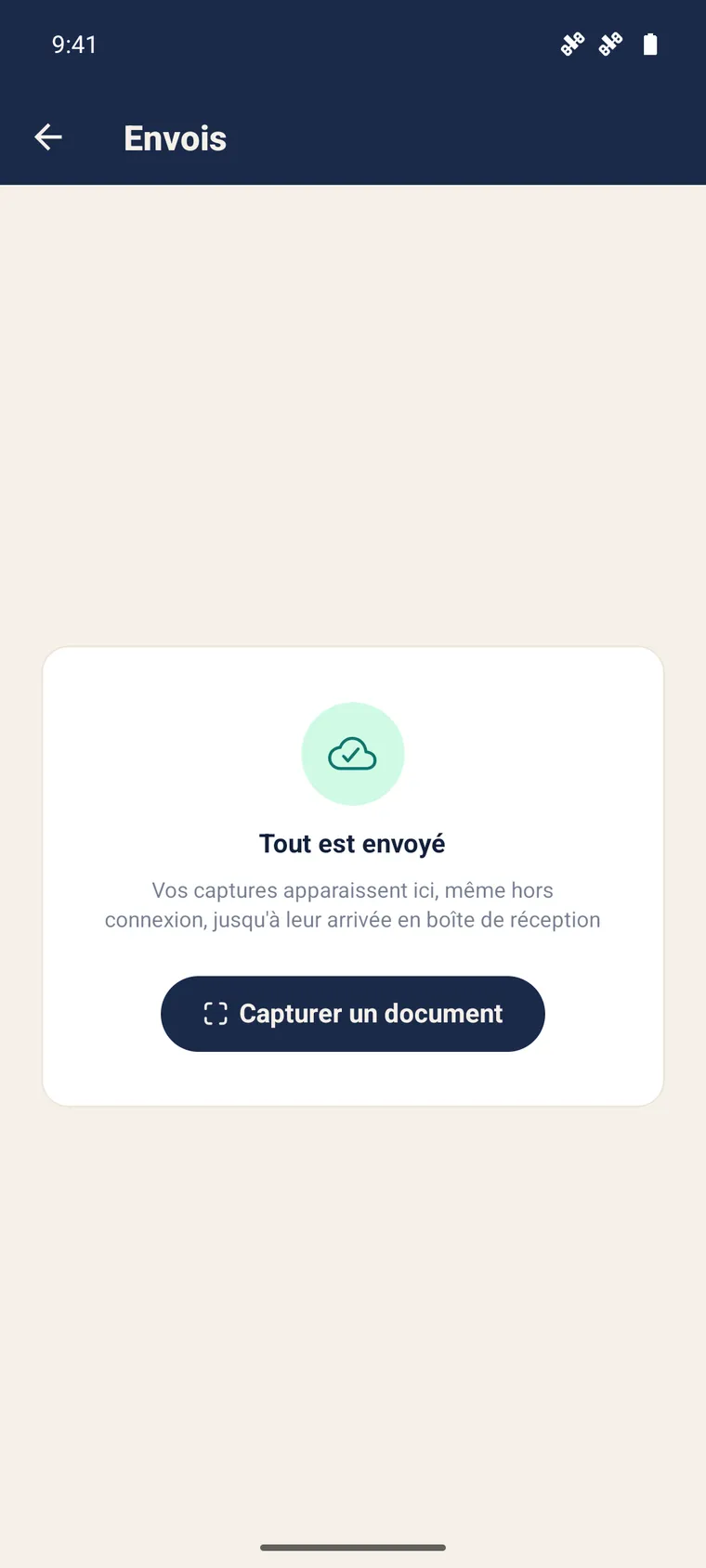 File d'envois vide de l'application mobile SynkriaOps : toutes les captures ont été synchronisées.