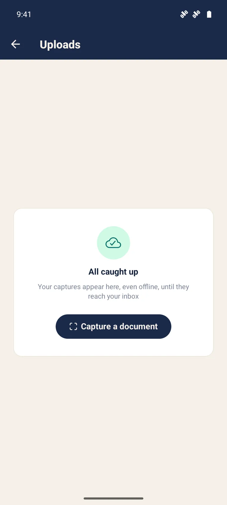 SynkriaOps mobile uploads queue showing “All caught up”.