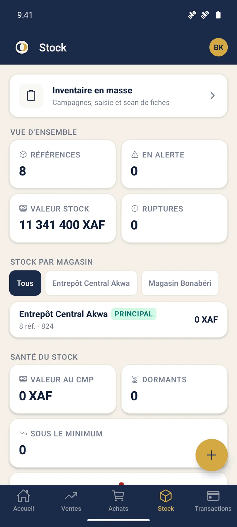 Cockpit stock mobile SynkriaOps : références, valeur du stock, alertes et stock par magasin.