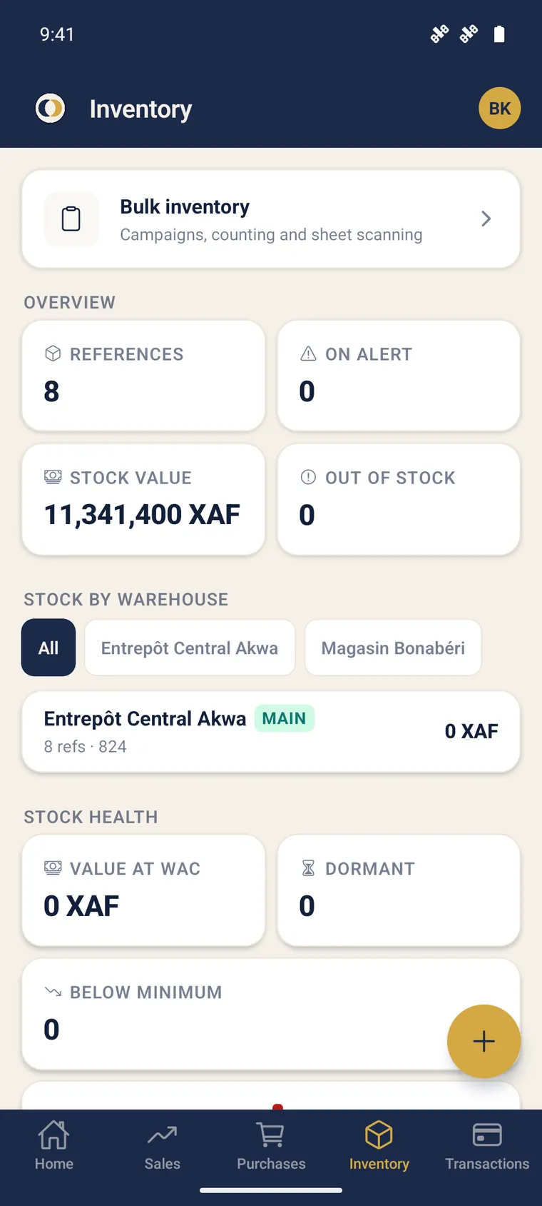 SynkriaOps mobile stock cockpit: references, stock value, alerts and per-warehouse stock.