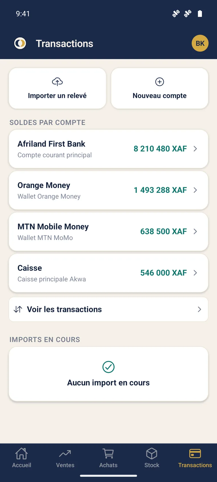 Écran Transactions mobile : soldes Afriland First Bank, Orange Money, MTN Mobile Money et caisse, avec import de relevé.