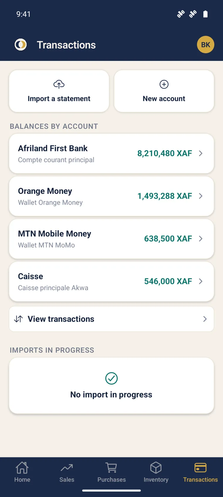 Mobile Transactions screen: Afriland First Bank, Orange Money, MTN Mobile Money and cash balances, with statement import.