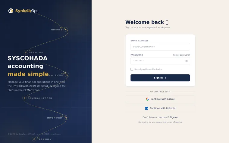 SynkriaOps login page with email and password fields and a Remember me option.