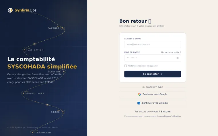 Page de connexion SynkriaOps avec champs email et mot de passe et option « Se souvenir de moi ».