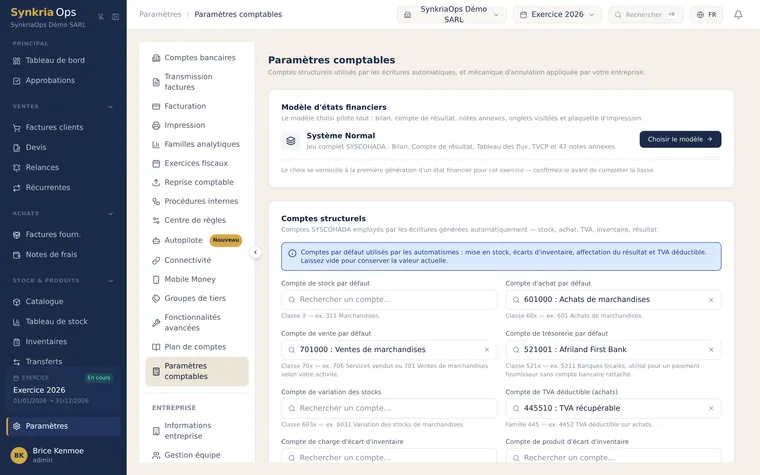 Page Paramètres comptables de SynkriaOps : modèle d'états financiers Système Normal et comptes structurels SYSCOHADA (stock, achat, vente, trésorerie, TVA déductible).