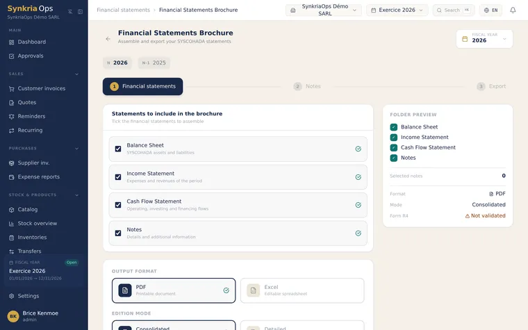 Official SYSCOHADA financial-statements plaquette generated by SynkriaOps, a single document ready to file with balance sheet, income statement, TFT, TVCP and notes.