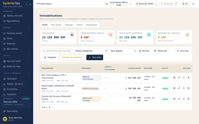 Registre des immobilisations avec valeur d'origine, amortissements cumulés et valeur nette comptable par bien.