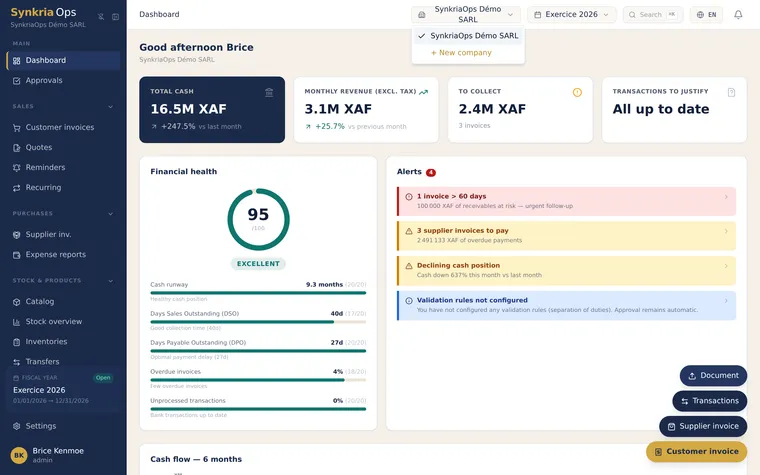 Company switcher open in the SynkriaOps sidebar, letting the user move between two companies.