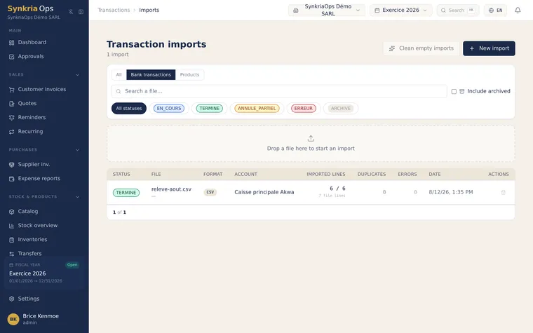 History of bank statement import sessions with the account, file format and result of each import.