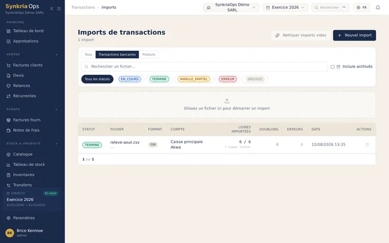 Historique des sessions d'import de relevés bancaires avec le compte concerné, le format et le résultat de l'import.