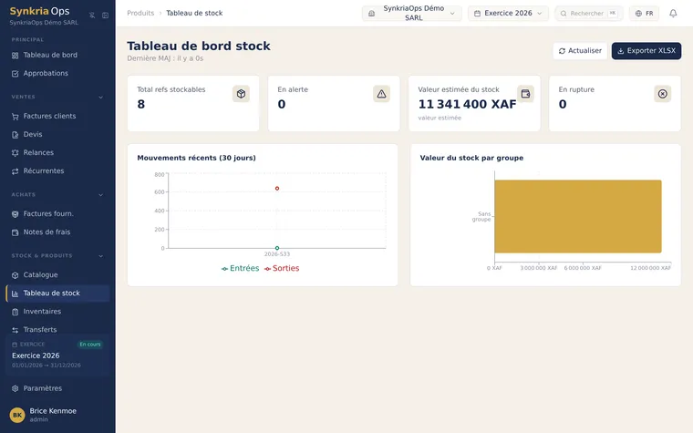 Tableau de bord du stock multi-magasins avec valorisation CMP, quantités par entrepôt et alertes de seuil.