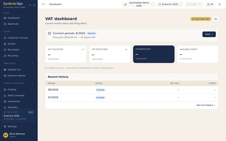VAT dashboard showing output VAT, deductible input VAT and the net amount payable for the period.
