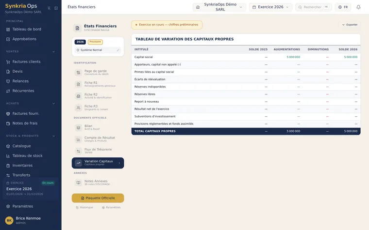 Tableau de variation des capitaux propres (TVCP) SYSCOHADA généré par SynkriaOps, avec soldes d'ouverture, augmentations, diminutions et soldes de clôture.